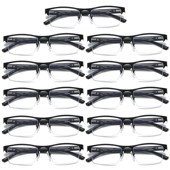 11 PK Mens Reading Glasses Spring Hinge - Square Metal Half-Frame - Blue Light Blocker Readers +1.00