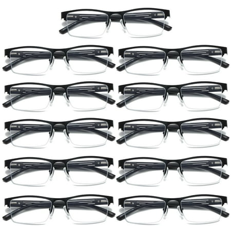 11 PK Mens Reading Glasses Spring Hinge - Square Metal Half-Frame - Blue Light Blocker Readers +2.00