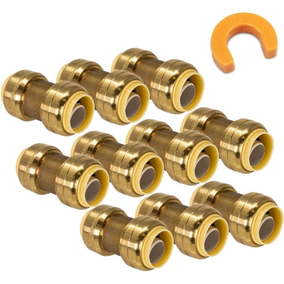 [11-Pack]  1/2-Inch PushFit Combo Kit - 1/2" PushFit Couplings (10 pcs) Plus 1/2" Disconnect Clip (1 pc), Plumbing Fittings for Copper, PEX, CPVC Pipe (8X1012-11T)