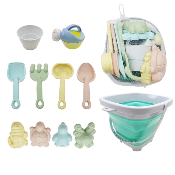 11 Pack Kids Beach Sand Toy Set, Foldable Collapsible Sand Bucket with Shovel Rake Animal Molds, Wheat Straw Toddler Sandbox Water Play Toys for Beach Pool Outdoor