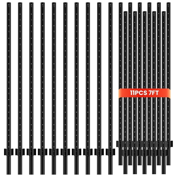 11 Pack Metal Fence Posts,7 FT Garden Fence Post,T Post for Wire Fence, No Dig Steel U Post Fencing,Black Garden Stakes for Temporary Fencing, Electric Fence Wire, Corner Anchor