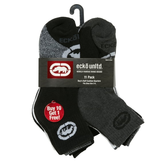 11-Pack New Ecko Unltd. Boy's Half Cushion Quarter Socks Shoe Size 9-11 Ages 7-14 years (Multi Color 2)