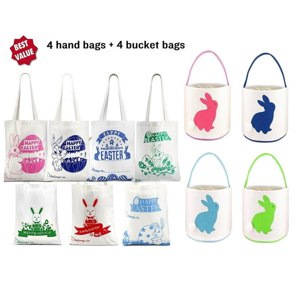 [11 Pack Random Combo] Easter Bag Bunny Canvas Bag With Easter Egg Hunt Design Bag Carrying Eggs/Gifts for Easter Party(4 Bucket+ 7 Handbag)
