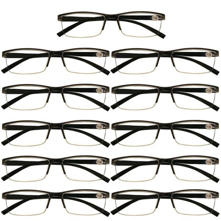 11 Packs Mens Rectangle Half Frame Reading Glasses Blue Light Blocking Black Spring Hinge Readers +1.50