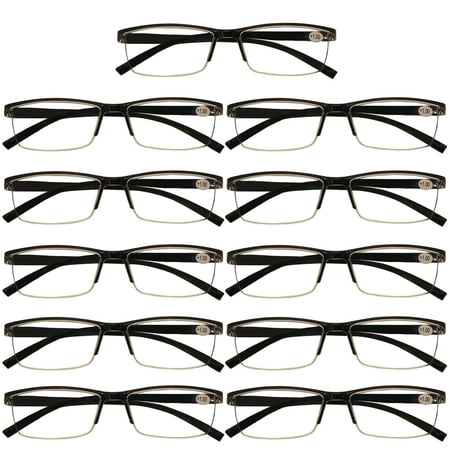 11 Packs Men's Rectangle Half Frame Reading Glasses Blue Light Blocking Black Spring Hinge Readers