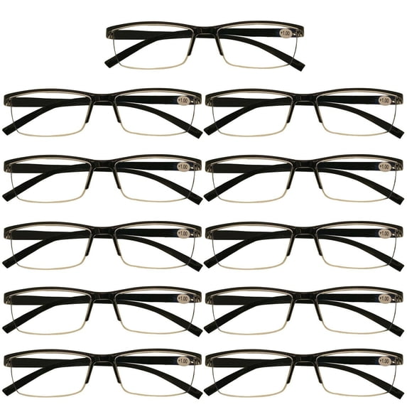 11 Packs Mens Rectangle Half Frame Reading Glasses Blue Light Blocking Black Spring Hinge Readers +2.50