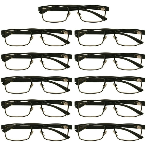 11 Packs Mens Rectangle Metal Frame Reading Glasses Black Spring Hinge Readers 1.00