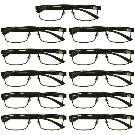 11 Packs Mens Rectangle Metal Frame Reading Glasses Black Spring Hinge Readers +2.25