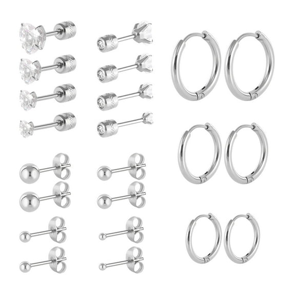 11 Pairs Flat Screw Back Stud Hoop Earrings Sets for Multiple Piercing, Surgical Stainless Steel Double Sided Heart Star Square Round CZ Stud Earrings For Women