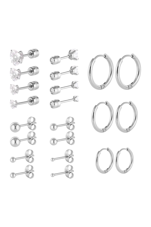 11 Pairs Flat Screw Back Stud Hoop Earrings Sets for Multiple Piercing, Surgical Stainless Steel Double Sided Heart Star Square Round CZ Stud Earrings For Women