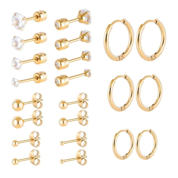 11 Pairs Flat Screw Back Stud Hoop Earrings Sets for Multiple Piercing, Surgical Stainless Steel Double Sided Heart Star Square Round CZ Stud Earrings For Women