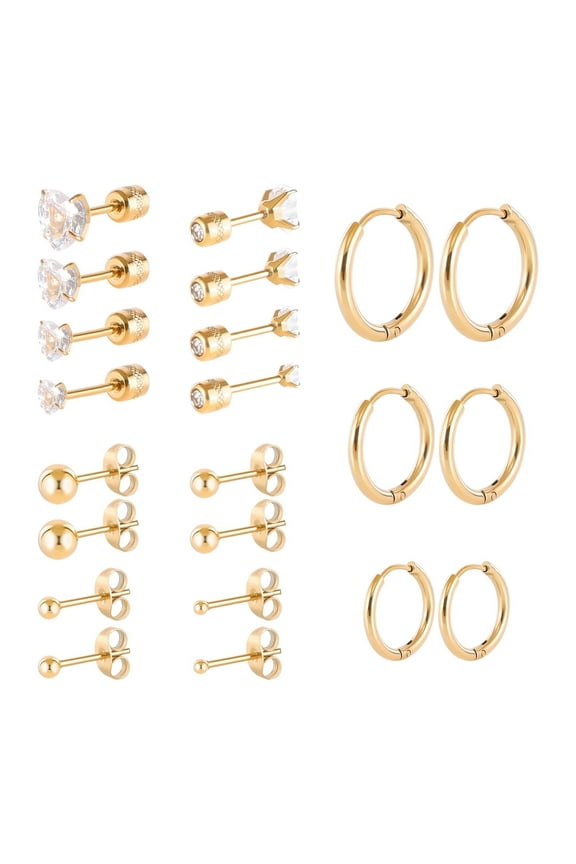 11 Pairs Flat Screw Back Stud Hoop Earrings Sets for Multiple Piercing, Surgical Stainless Steel Double Sided Heart Star Square Round CZ Stud Earrings For Women