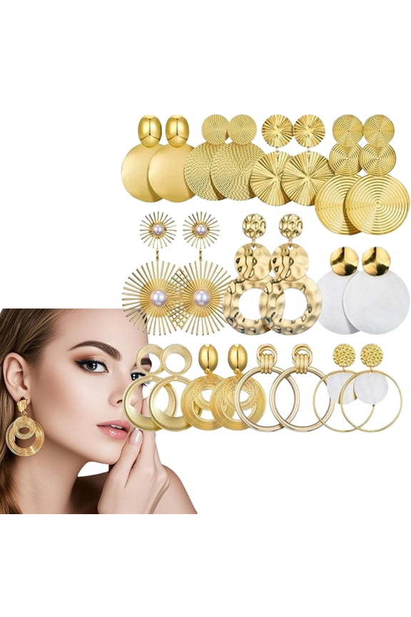11 Pairs Gold Hammered Disc Earrings for Women, Statement Dangle Drop Earrings Set with Shell & Pearl Accents, Elegant Jewelry Gift for Party, Wedding, Daily Wear