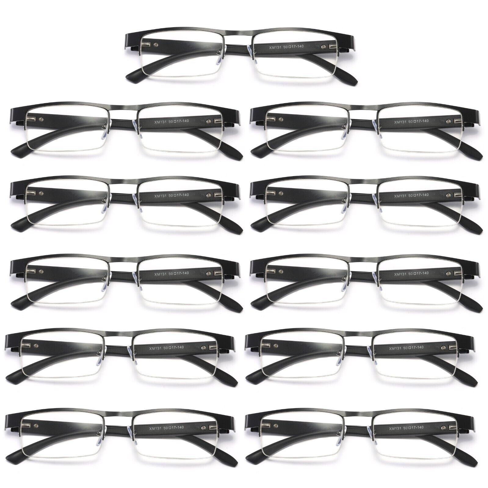 11 Pairs Mens Rectangular Metal Half Frame Reading Glasses Spring Hinge Black Readers +2.75