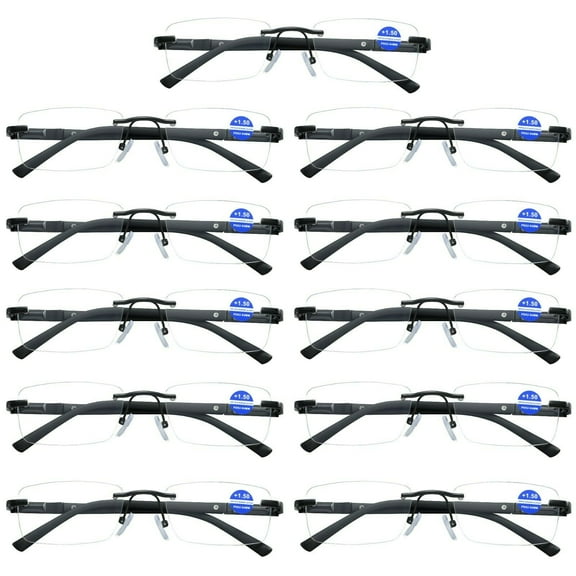 11 Pairs Mens Rectangular Rimless Blue Light Blocking Reading Glasses Spring Hinge Readers 1.00