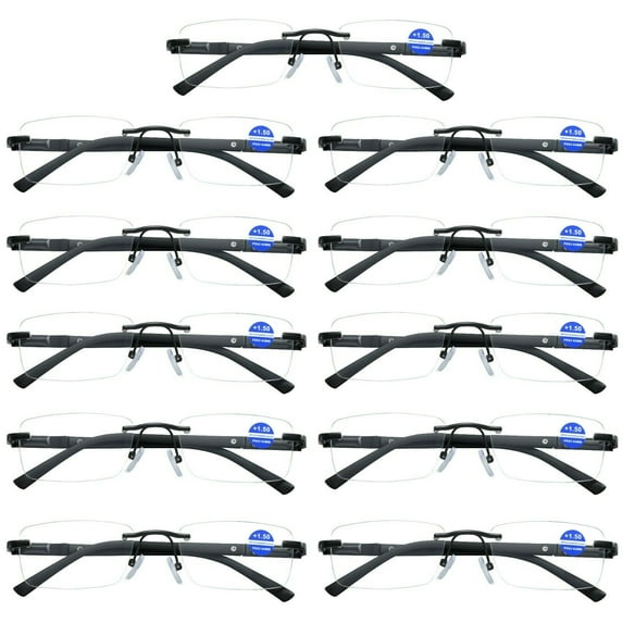 11 Pairs Mens Rectangular Rimless Blue Light Blocking Reading Glasses Spring Hinge Readers +3.00