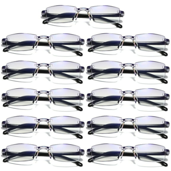 11 Pairs Mens Rectangular Rimless Blue Light Blocking Reading Glasses Unisex Readers +1.00