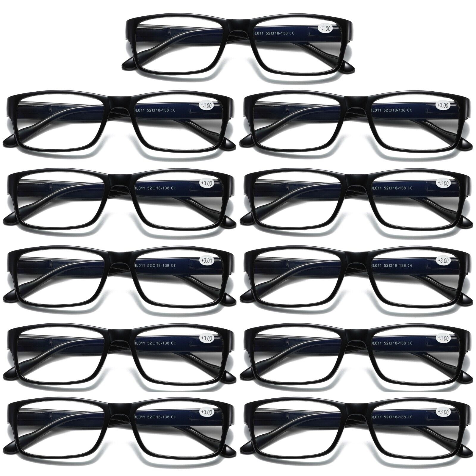 11 Pairs Mens Unisex Blue Light Blocking Reading Glasses Black Spring Hinge Readers +2.00