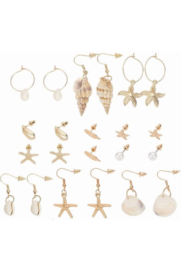 11 Pairs Shell Earrings Starfish Stud Earring Seashells Hoop Earrings Costume Jewelry Summer Beach Earring Accessories for DIY Making