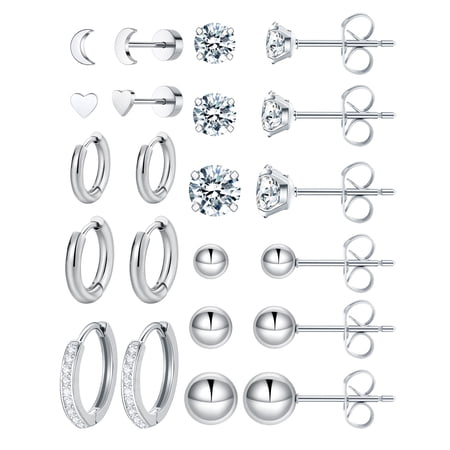 11 Pairs Surgical Steel Earrings Sets for Multiple Piercing Lightweight Small Huggie Hoop Earrings CZ Stud Earrings for Women Cartilage Trendy Hypoallergenic Free Combination(Silver)