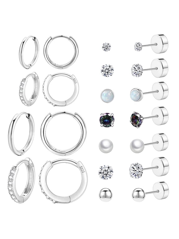 11 Pairs Surgical Steel Hoop and Flat Back Earrings Set, Piercing Cartilage Stainless Steel Titanium Stud Earrings for Women Men Adult (Silver)