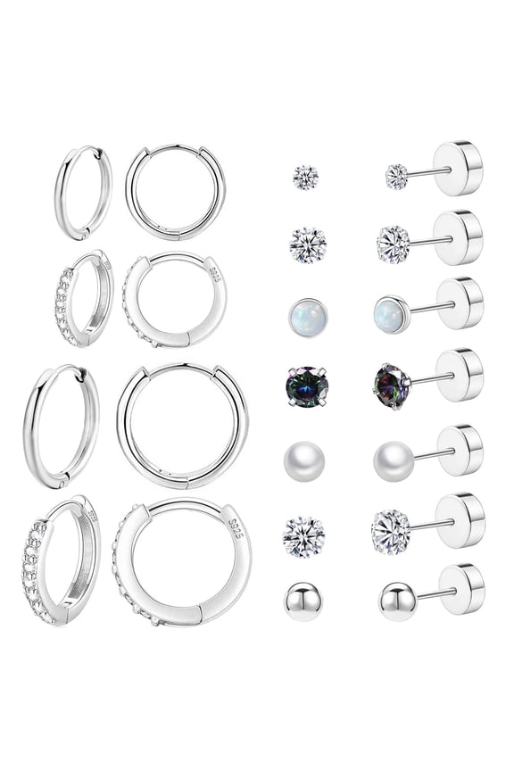 11 Pairs Surgical Steel Hoop and Flat Back Earrings Set, Piercing Cartilage Stainless Steel Titanium Stud Earrings for Women Men Adult (Silver)