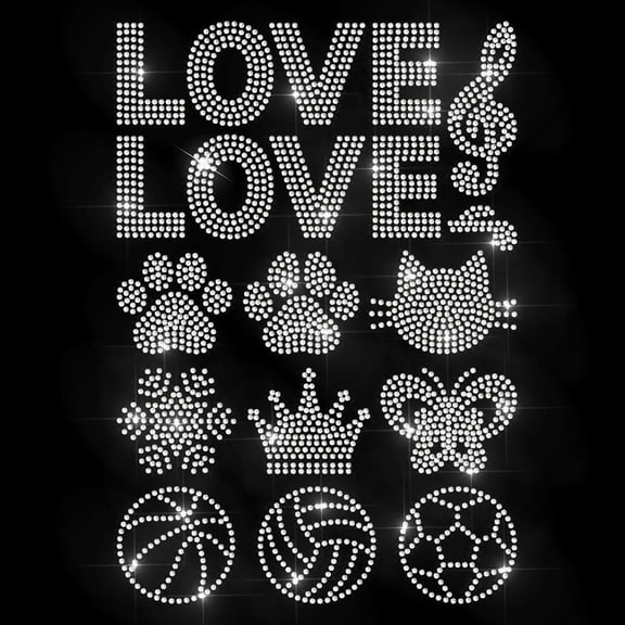 11 Patterns Love Music Rhinestone Iron on Hotfix Transfer Cat Paw Iron on Rhinestone Decals Crown Butterfly Ball Heat Transfer Decal for Shirts Bags Hats Pants Jeans Colorful