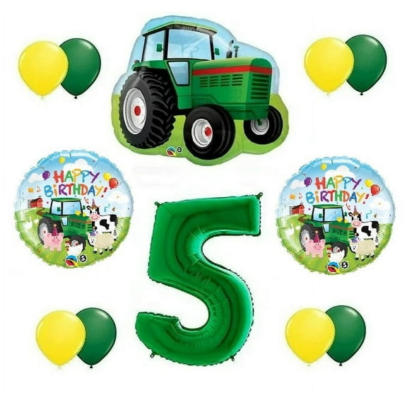 12 Piece Farm Tractor #5 5th Green Happy Birthday Balloon Bouquet Party Decoration