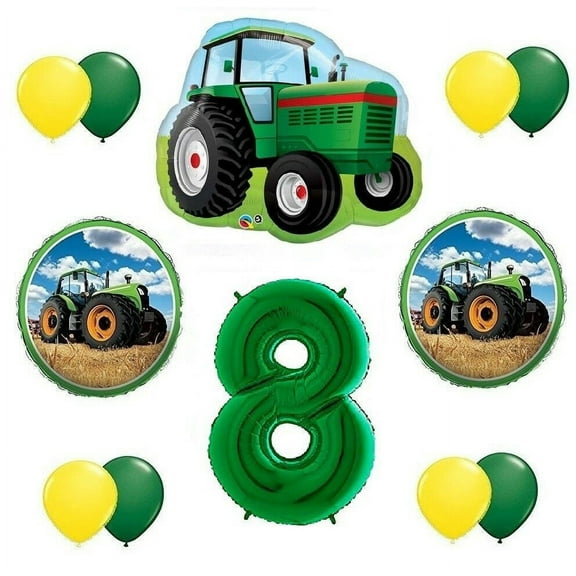 11 Pc Farm Tractor #8 8th Green Happy Birthday Balloon Bouquet Party Decoration