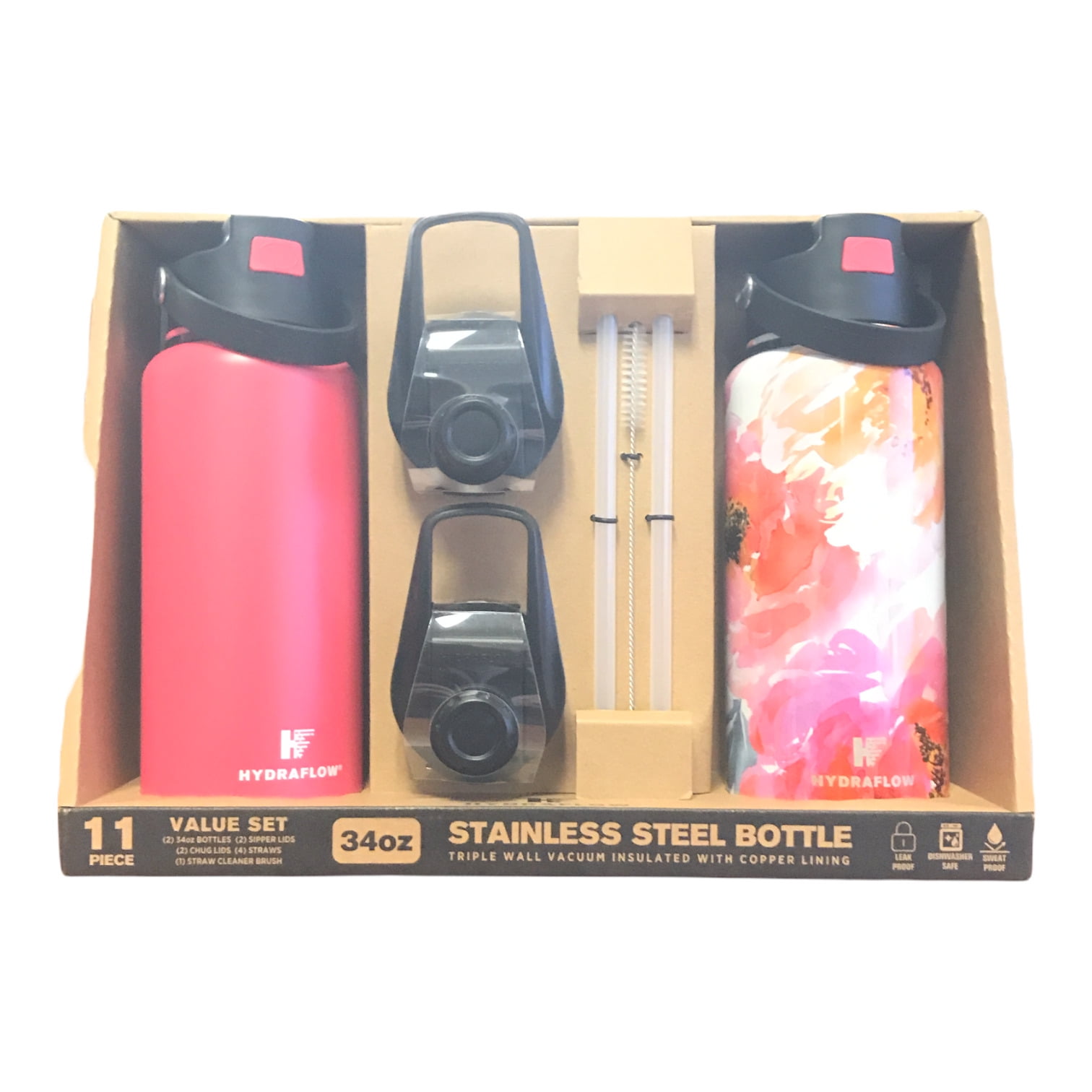 11 Pc. Hydraflow 34oz. Double Wall Stainless Steel Bottle, Set of 2 (Pink/Floral