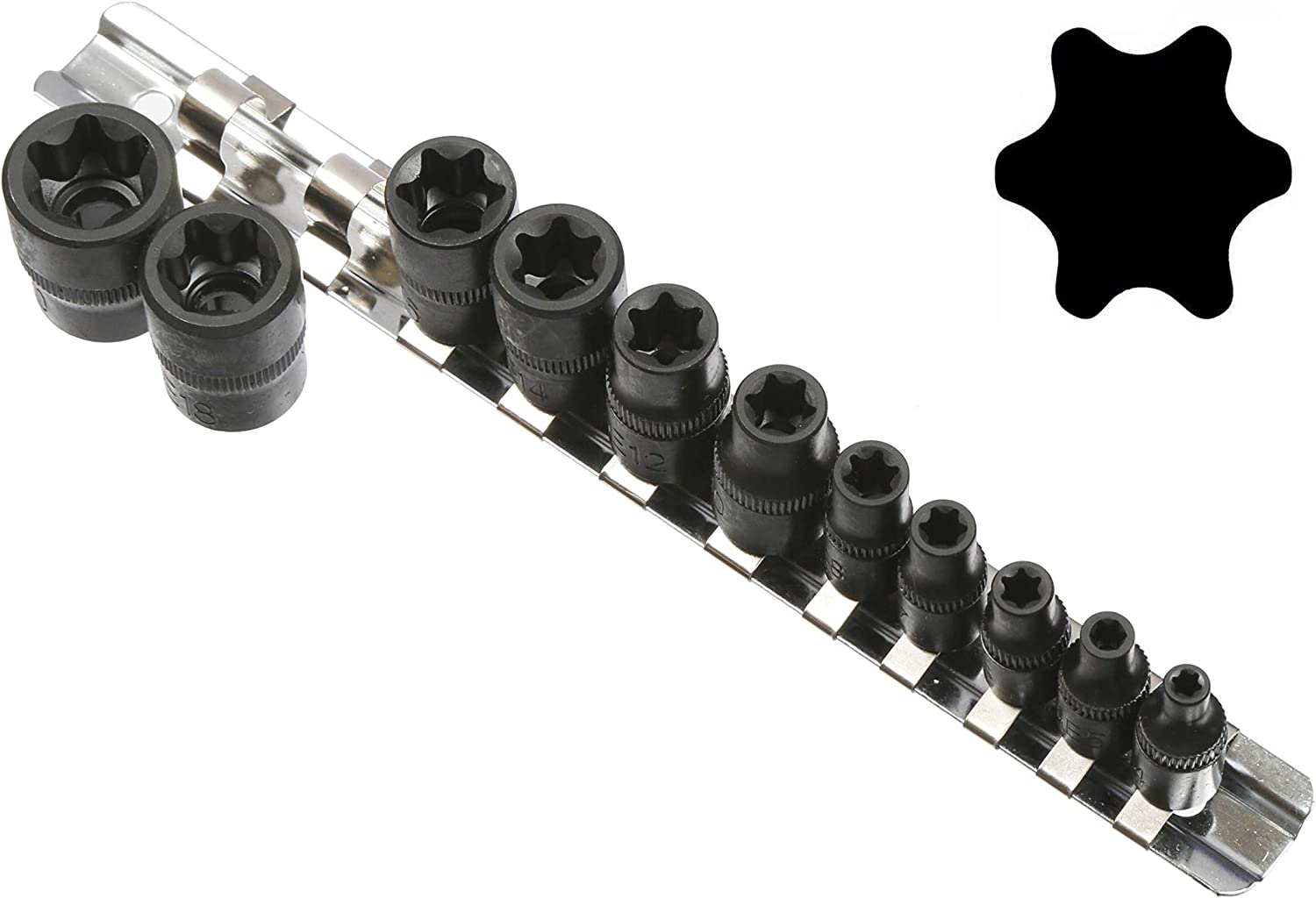 Cal-Hawk E-Torx Socket Set - Female Torx, Star Socket Bits, Reverse Torx, Automotive Tool - ASSTS10