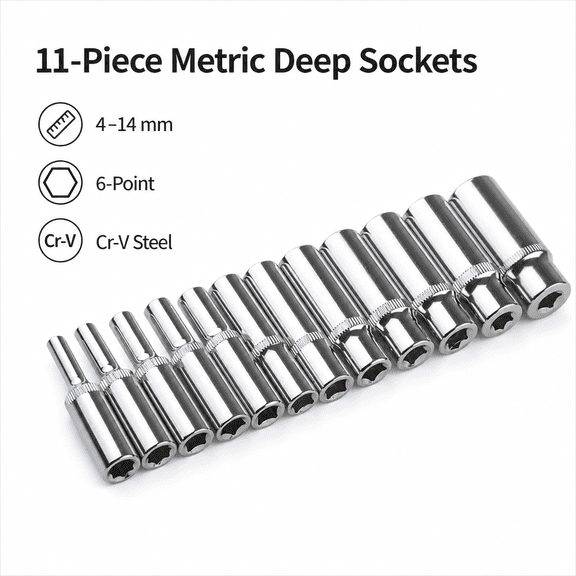 11 Pcs 1/4" Drive Metric Deep Socket Set, 4-14mm 6-Point Chrome Vanadium Steel Hex Repair Tool for Automotive