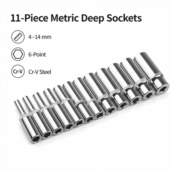 11 Pcs 1/4" Drive Metric Deep Socket Set, 4-14mm 6-Point Chrome Vanadium Steel Hex Repair Tool for Automotive