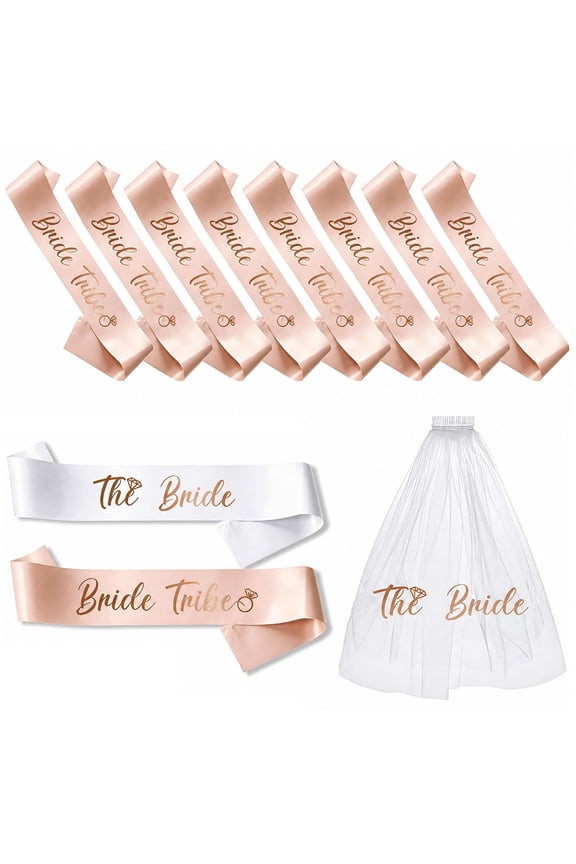 11 Pcs Bachelorette Party Sashes and Veil Set, Bride to Be Sash with White Veil and Bride Tribe Satin Sashes, Bridal Shower Decorations Party Favors Gift Set for Bride and Bridesmaids Celebration