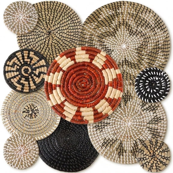 11 Pcs Boho Wall Basket Decor Decorative Bulrush Woven Basket Wall Decor Art Round Farmhouse Hanging Baskets for Kitchen Rustic Home Summer Decorations Multi Sizes Dark