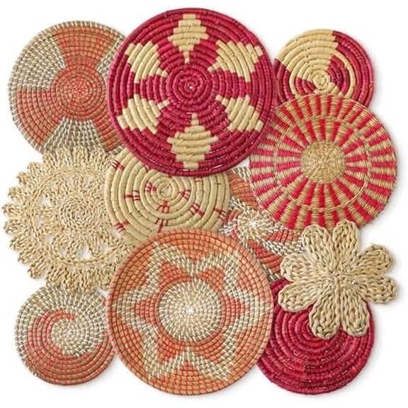 11 Pcs Boho Wall Basket Decor Decorative Bulrush Woven Basket Wall Decor Art Round Farmhouse Hanging Baskets for Kitchen Rustic Home Summer Decorations, Multi Sizes (Pink)