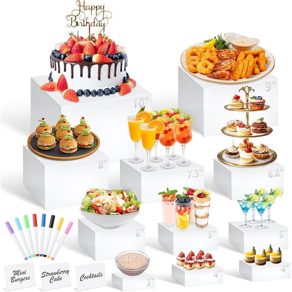 11 Pcs Buffet Risers and Stands with Mini Table Sign and Makers, Food Risers for Buffet Table Display Stand for Party Catering Dessert Jewelry Collectible (10" 9" 8" 7.5" 6.8" 6" 5" 5" 4" 4" 3")