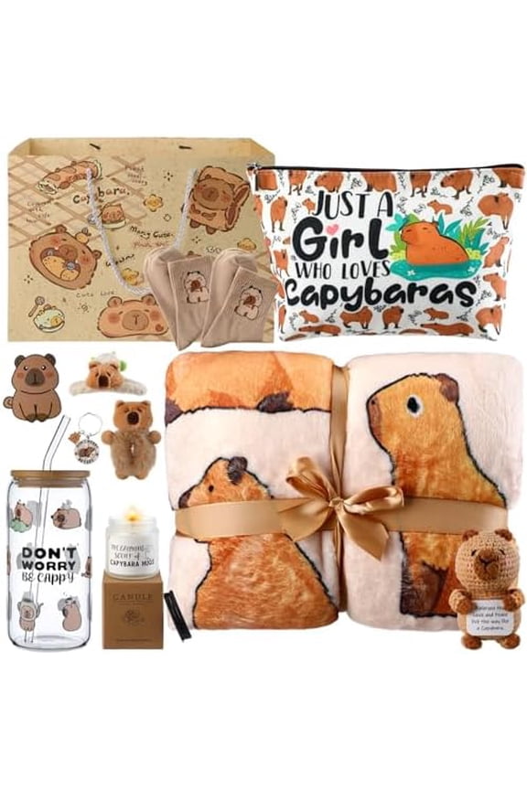 11 Pcs Capybara Gifts for Women Capybara Stuff with Blanket Glass Cup Makeup Bag Hairbands Hair Clip Socks Candle Keychain Cards and Gift Bags for Valentine's Day Present
