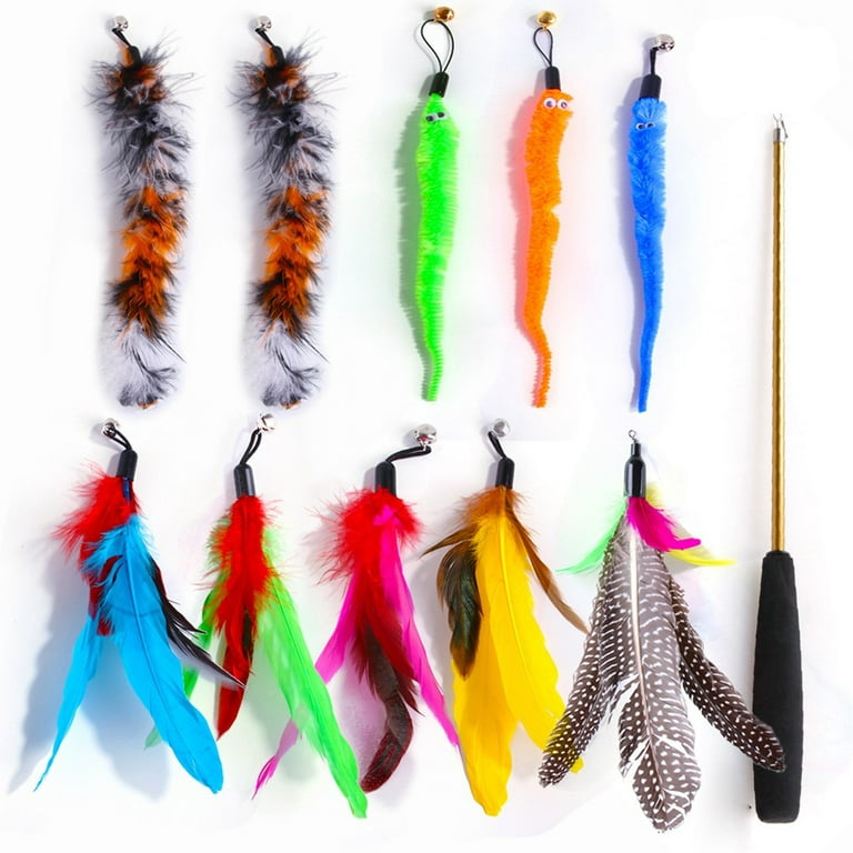11 Pcs Cat Teaser Stick Caterpillar Feather Replacement Head Pet Set  Retractable Fishing Rod Cat Toys