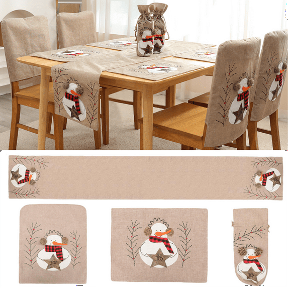 11 Pcs Christmas Table Runner 71Inch, Table Mats Chair Covers Wine Bottle Cover Set, Linen Material, Printed with Christmas Tree Snowman, Christmas Indoor Outdoor Dining Table Decoration