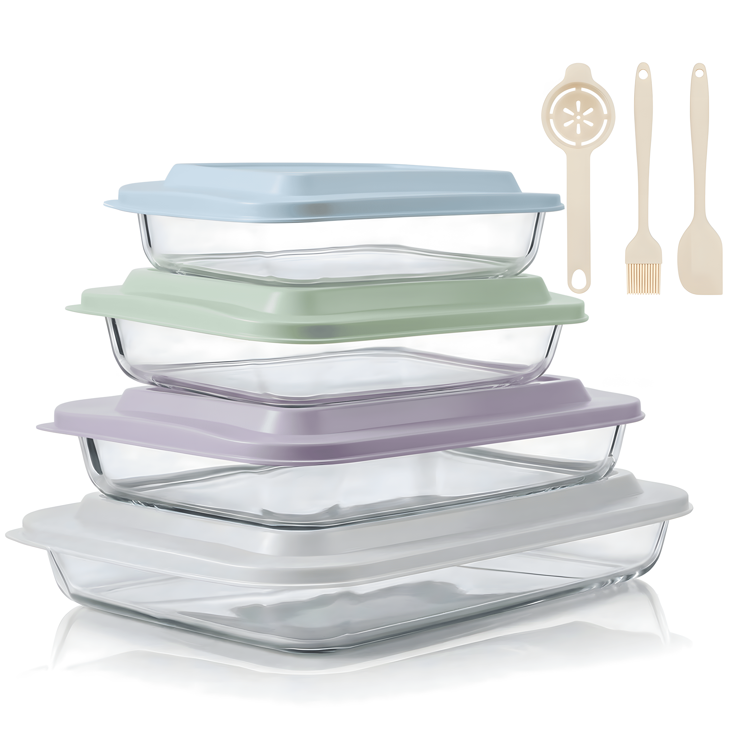 11 Pcs Deep Glass Baking Dish Set with lids/Egg Separator/Brush/Spatula, Rectangular Glass Baking Pans Bakeware Set for Lasagna, Leftovers, Cooking, Freezer-to-Oven, Multicolor
