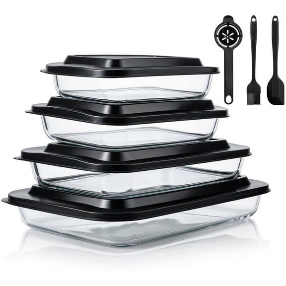 11 Pcs Deep Glass Baking Dish Set with lids/Egg Separator/Brush/Spatula, Rectangular Glass Baking Pans Bakeware Set for Lasagna, Leftovers, Cooking, Freezer-to-Oven, Black