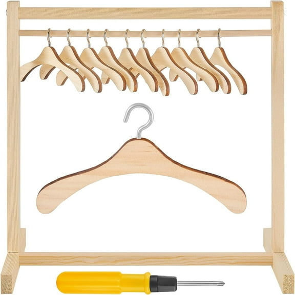 11 Pcs Doll Garment Rack with Wooden Dolls Clothes Hanger 11.8 Inches Doll Closet Mini Doll Clothes Hangers Doll Wardrobe Furniture Accessories for Dollhouse Supplies
