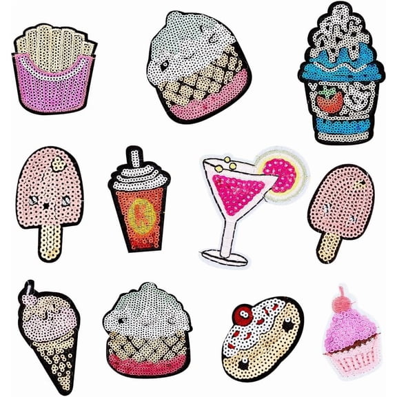 11 Pcs Embroidery Sequins Applique Patches Cartoon Ice Cream Cake Sequins Patches Iron/Sew on Appliques Food Decorative Patches for Decorate or Repair Clothing Backpacks Capss Shoess Mixed Color