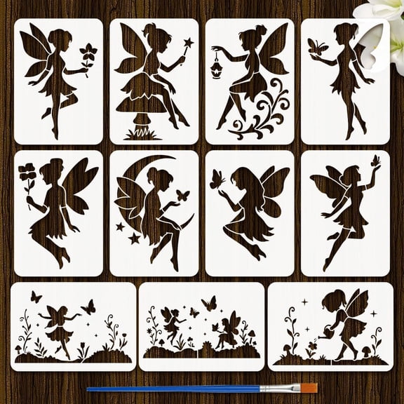 11 Pcs Fairy Painting Stencil with Brush 21x29.7cm/8.3x11.7inch Elf and Magic Fairies Pattern Drawing Template DIY Art Decoration Stencil Handmade
