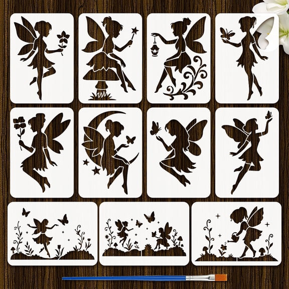 11 Pcs Fairy Painting Stencil with Brush 21x29.7cm/8.3x11.7inch Elf and Magic Fairies Pattern Drawing Template DIY Art Decoration Stencil