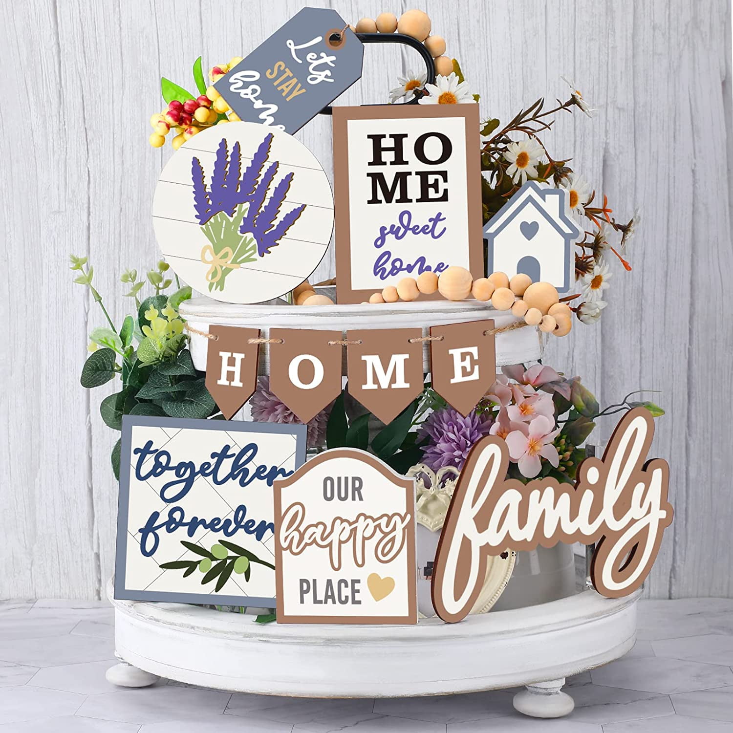 11 Pcs Farmhouse Tiered Tray Decor Home Wood Sign Rustic Home Sweet