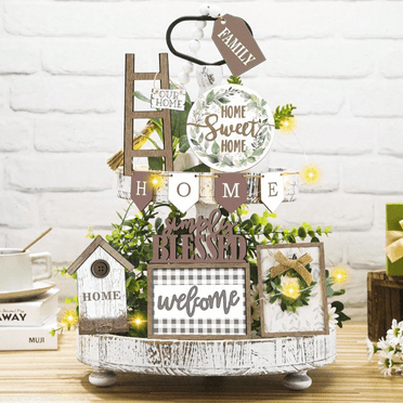 11 Pcs Farmhouse Tiered Tray Decor Set, Home Wood Sign Rustic Simply Spring Kitchen Table Decor, Mini Signs Home Kitchen Table Decoration For Country House Family Shelf Housewarming Gift