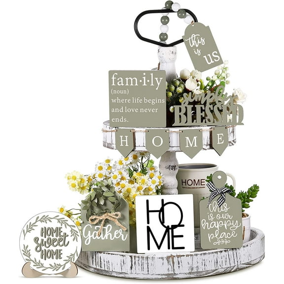 11 Pcs Farmhouse Tiered Tray Decorations Set, 3.94" Home Tiered Tray Decor This is Us Wooden Sign, for Graduation Mothers Day Rustic Home Kitchen Table Shelf Decor