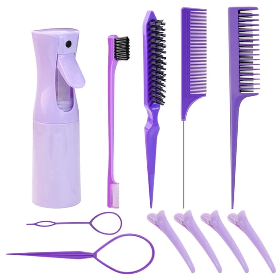 11 Pcs Hair Brush Set with Continuous Hair Spray Bottle 6.8oz/200ml, Hair Styling Comb Set Rat Tail Combs for Toddlers, Hair Clip,Edge Brush, Braiding, Slicking Hair for Women, Men (Purple)